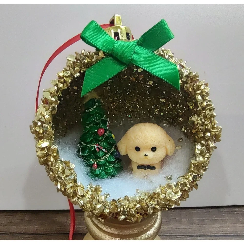 Dog Christmas Ornament Handmade Vtg Style OOAK Shatterproof Poodle Diorama O9